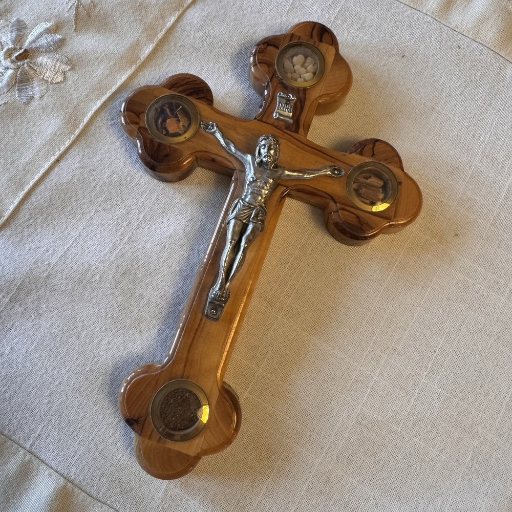 Cross Crucifix Orthodox 14 Stations~ 4 Lens ~ Olive Wood ~ 7 Inch Jerusalem